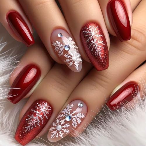 Christmas Press on Nails Medium Almond Red Fake Nails 3D Winter Snowflake False Nails with Diamonds Designs Full Cover Acrylic Artificial Nails Stick on Nails for Xmas Manicure 24 PCS design