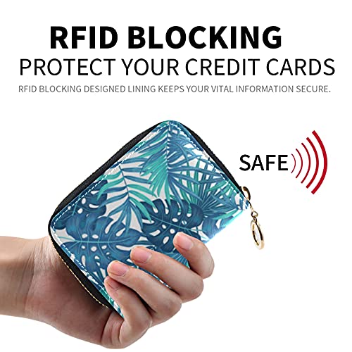 OTVEE Summer Hawaiian Blue Tropical Leaves Small RIFD Blocking Wallet Women PU Leather Credit Card Holder Case2