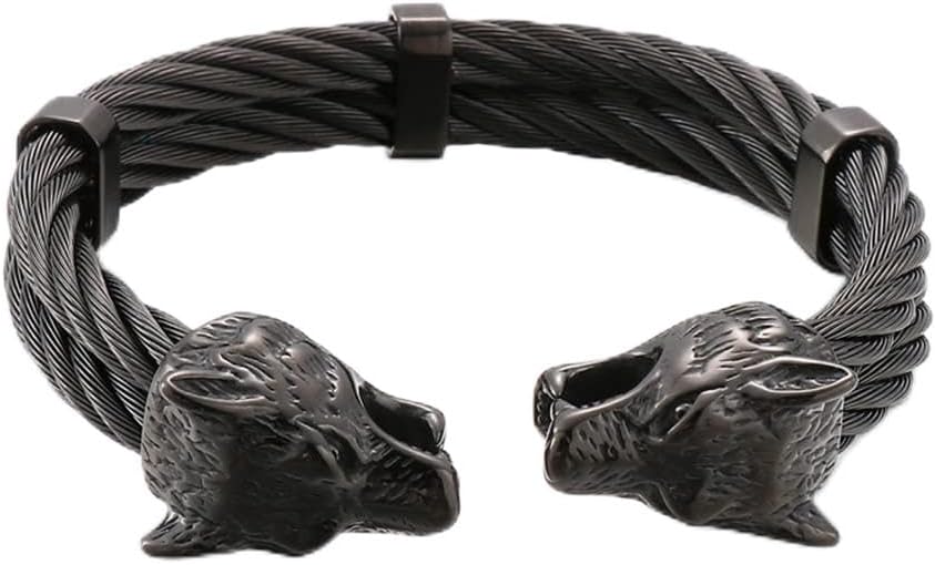 Men's Wolf Head Cuff Bangle Twisted Arm Ring, Stainless Steel Punk Biker Weave Hinged Wrist Chain Fenrir Viking Bracelet Pagan Amulet Jewelry