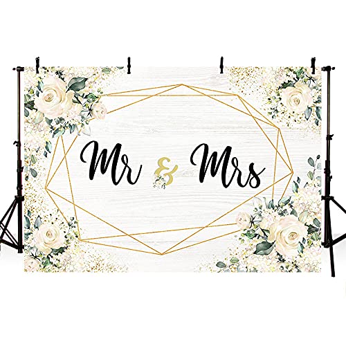 MEHOFOND 8x6ft White Floral Backdrop for Mr & Mrs Engagement Party Decorations Couples Wedding Photography Background Anniversary Ceremony Bridal Shower Banner Photo Booth Props