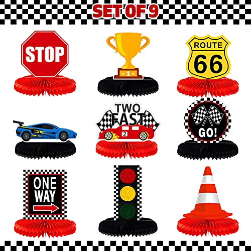 LINGTEER Race Car Two Fast Birthday Table Honeycomb Centerpieces - 9Pcs Let's Go Racing Happy 2nd Birthday Party Table Decorations Sign.