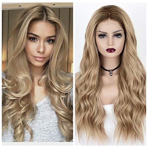 Ombre Blonde Lace Front Wig Wavy with Brown Roots 2 Tones Glueless Long Synthetic Wigs for Women Heat Resistant 22 Inches