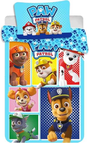 Parure de Lit Bébé & Junior Paw Patrol Blue All Dogs - Housse de Couette 100x140 cm + Taie d'oreiller 40x60 cm - 100% Coton – Pat' Patrouille avec Chase,...