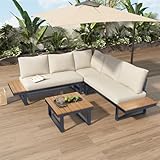 Salon de jardin exterieur,Ensemble de loisirs de jardin,position d'angle avec fonction d'inclinaison réglable,tube en acier galvanisé,plateau en plastique avec grain de teck,avec table basse (Beige)