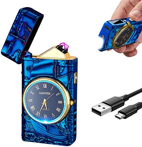 Electric Lighter with Plasma Arc, Windproof USB Rechargeable Lighter with Cool Design, Clock Dial, Flashlight, Power Display for Outdoor Daily Use, Gift for Men Women (Sailboat, Blue)