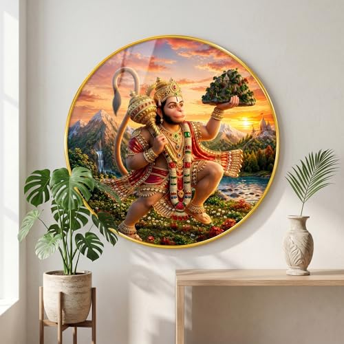 Image of SAF Lord Hanuman Wall Painting with PVC Round Frame | Sparkle Laminated Bajrangbali Carrying Sanjivani Parvat Artwork | Hindu Spiritual Wall Decor for Home Temple Living Room Gift