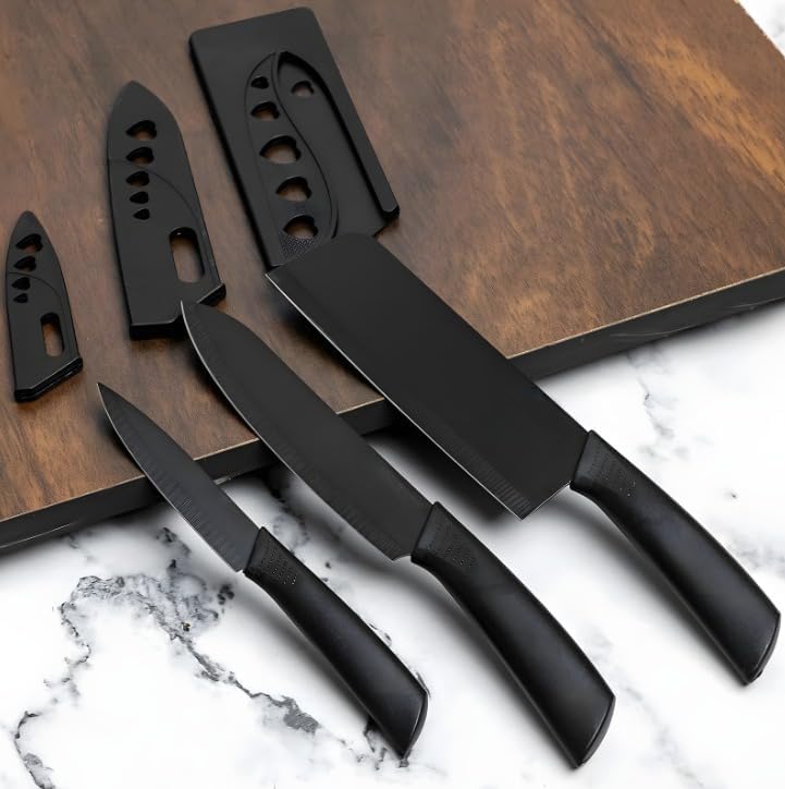 Stainless Steel Kitchen Knife Set of 3 with Cover, Black, Sharp Edge Cutting Chef Knives for Chopping Vegetables and Fruits, Multipurpose
