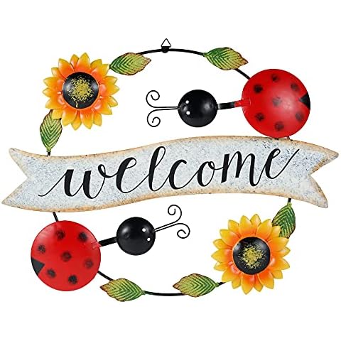 Metal Sunflower & Beetle Welcome Sign Wall Decor, 40 * 40 cm Funny Wrought Iron Art Wall Decoration Hanging for Indoor Outdoor Home Cover