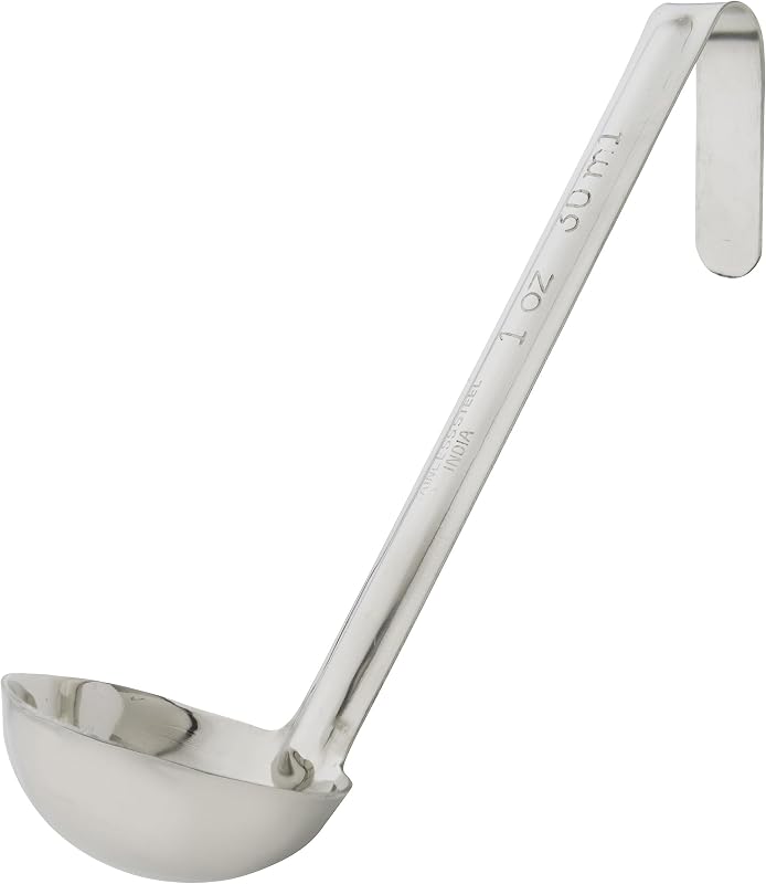 Winco 1 oz Red Stainless Steel Ladle | Dishwasher safe, Portion control, Heavy-duty, Curved handle, Great for Soups, Sauces, Stews and Buffet Service
