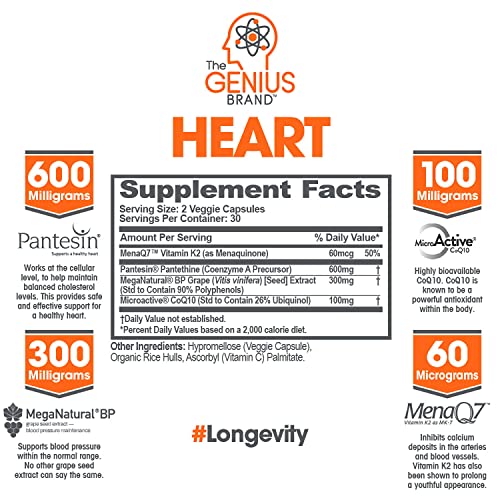 Genius-Heart-Cardiovascular-Health-Supplement--Cholesterol-Lowering-Vein-Blood-Pressure-Support-w-Grape-Seed-Extract-Vitamin-K2-MK7-CoQ10--Antioxidant-Energy-for-Men-Women60-Veggie-Pills