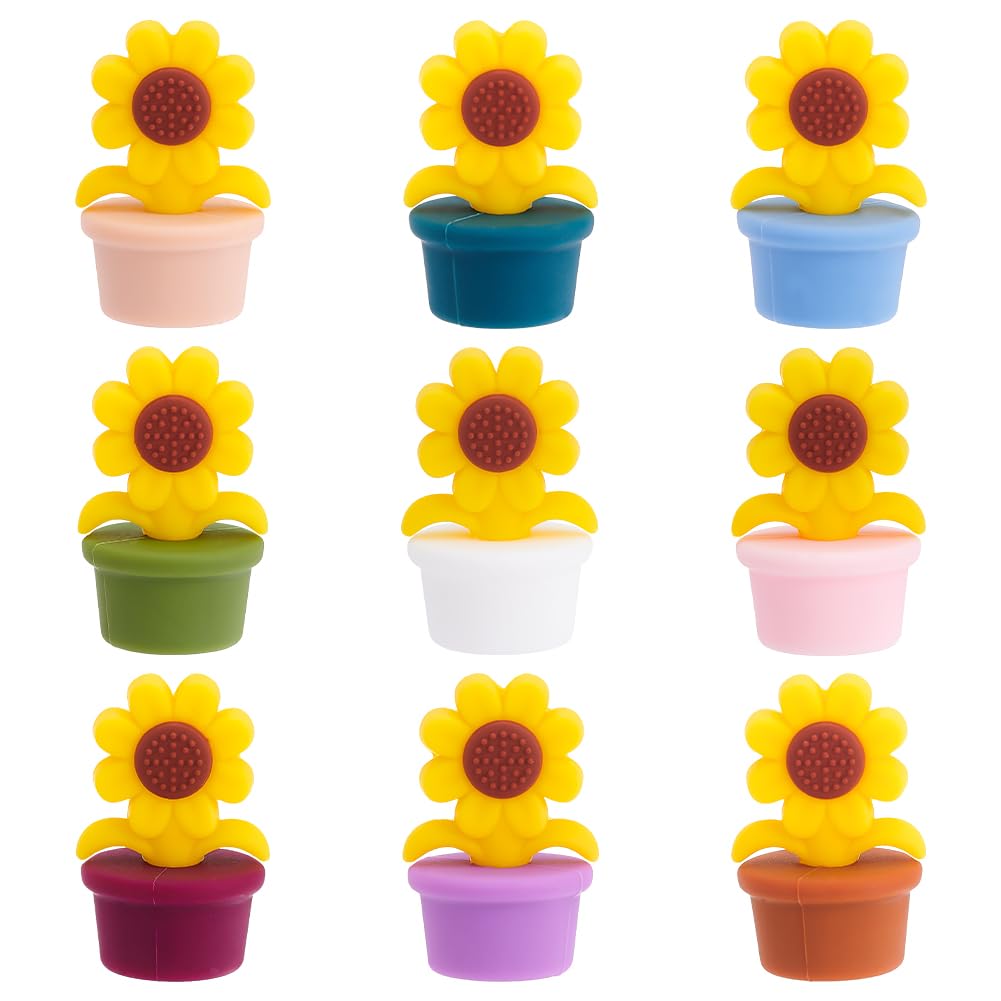 GOMAKERER 9 Pcs Sunflower Beads, 9 Colors Plant Silicone Focal Beads Spring Sunflower Rubber Charms for Jewelry Making Bracelets Necklace Keychain Pen Beads Accessories