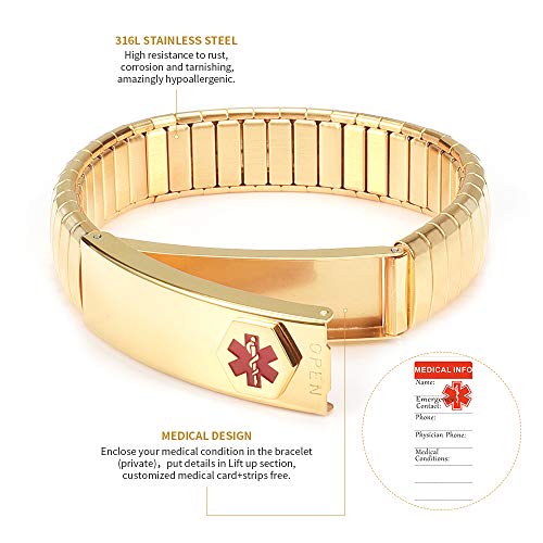Enermagix Medical Alert Bracelet For Men Womens Id Bangle Elastic Stainless Steel Personalised (Put Details In Lift Up Section, Customized Medical Card+Strips Free) (Gold,7.48'') #TOP3