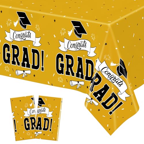 2Pcs 2026 Graduation Table Decorations, 108" X 54" Yellow Plastic Graduation Tablecover, Disposable Tablecover for Class 2026 Congrats Grad, Rectangle Tablecloth for Grad Decor Party Supplies for kids