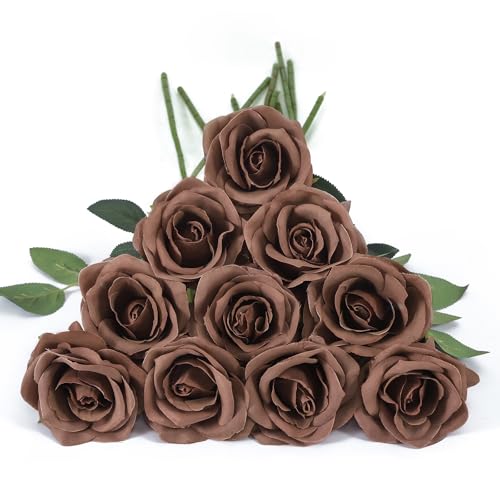 DuHouse 10pcs Fake Roses Artificial Silk Flowers Faux Rose(Mocha Brown)
