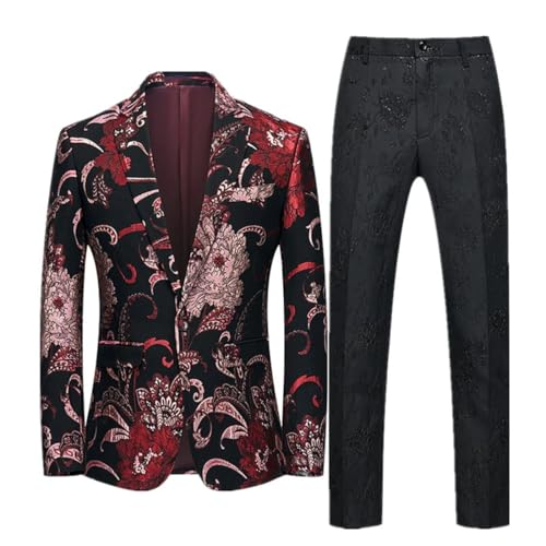 Men Slim Embroidered Coat Pants Two-Piece Suit Blazer Jacket and Trousers Wedding Party Suit Red Black M