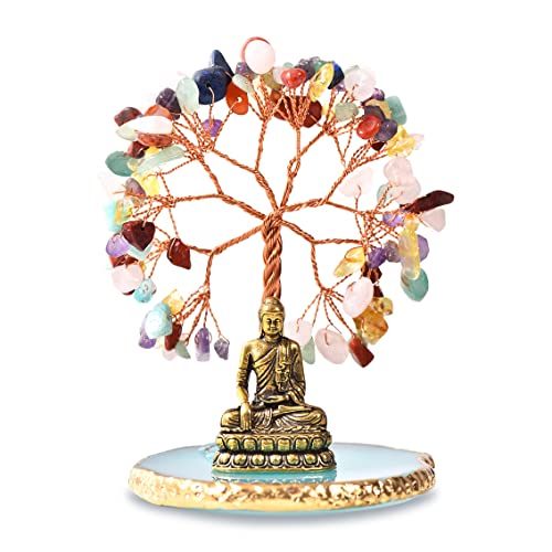 CRUCISRESIN Buddha Statue with Healing Crystal Tree, Tree of Life for Positive Energy. Home Decor Yoga Meditation.7 Chakra.(C)
