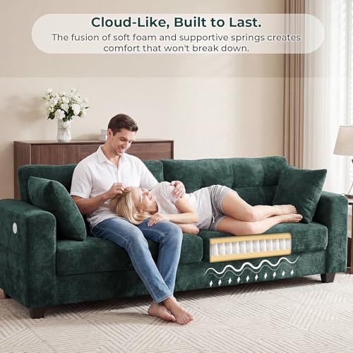 Image of 87 inch Loveseat Sofa for Living Room, Chenille Couch with USB /Type-C Charging Ports, Side Pockets, Removable Cover, Wide Armrests, Small Couch for Small Space, Easy to Assemble, Green