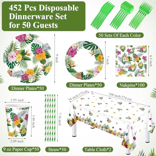 Image of Funnymoom 452 Pcs Hawaiian Luau Party Decoration for 50, Tropical Aloha Paper Plate Napkin Cup Tablecloth Cutlery Palm Leaf Hibiscus Disposable Tableware for Summer Beach Floral Birthday Party Supply
