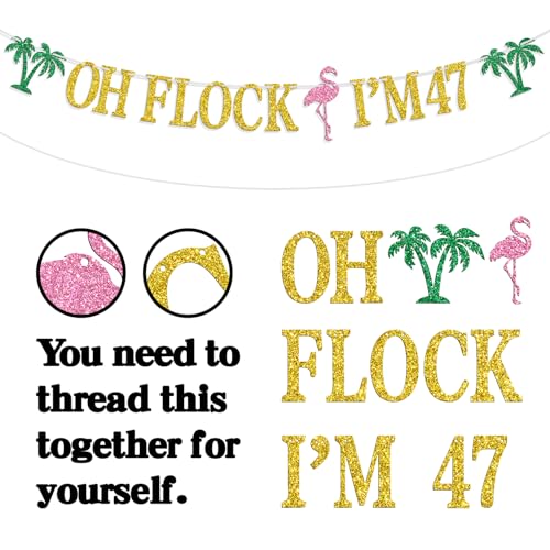 Image of Oh Flock I'm 47 Banner, Glitter Happy 47th Birthday Anniversary Party Decorations, Pineapple Celebration Decor, Hawaiian Luau Tropical Aloha 47 Theme Party Photo Props