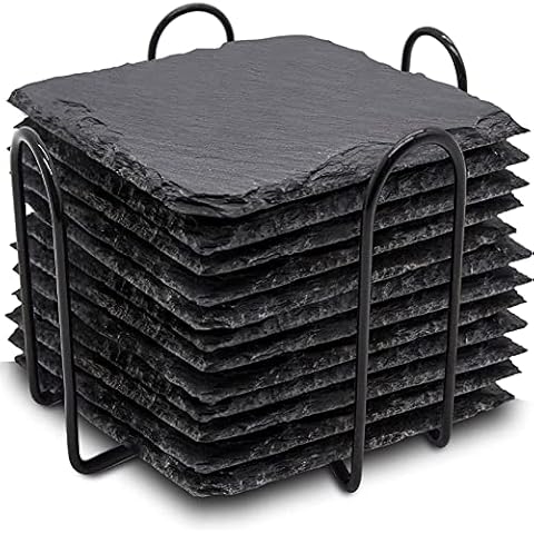 12 Pieces Coasters with Holder, WEWINK PLUS 4 Inch Slate Coasters Bulk Square Rock Rustic Coasters Black Stone Coasters with Anti-Scratch Backing for Bar, DIY, Kitchen, Home Decor Cover