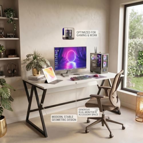 Image of TEKAVO Remik Study Table for Home & Office | Computer Table for Home pc | Wooden Gaming Workstation Desk with Heavy Duty Metal | 150 cm Table | White