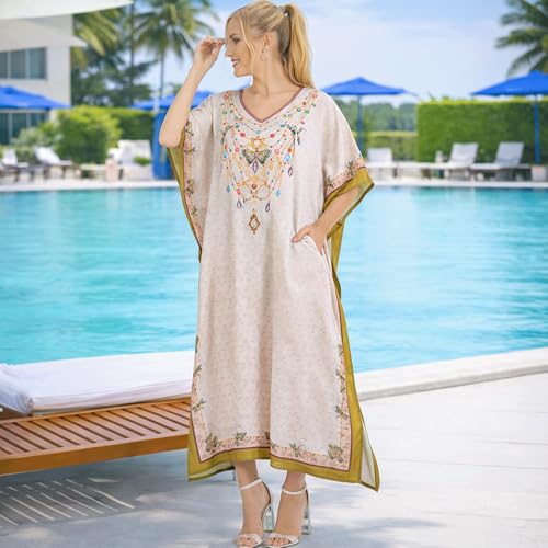 Image of Miss Lavish London Kaftan Dresses for Women Plus Size Long Batwing Sleeve Caftans, V Neck Moo Moo Printed Beach Cover Up Maxi Beach Dress, Bathing Suit Cover-Up Loungewear