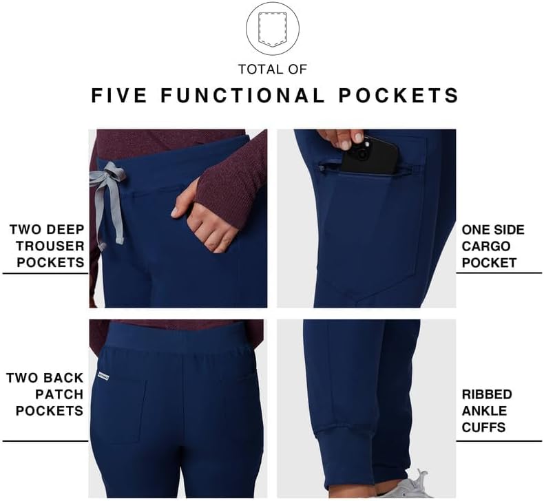 Kitmaz Scrub Pants for Women - Mid Rise 4-Way Stretch Anti-Wrinkle Slim Fit Jogger Pants, Drawstring & 5 Pockets Navy Blue