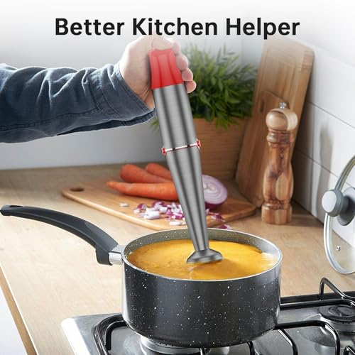 Image of Immersion Blender Handheld Corded Hand Blenders Set 1100W, Trigger Variable Speed 5 in 1 Stick Emulsifier with Chopper, Whisk and Frother for Soup, Baby Food and Smoothies, Christmas red