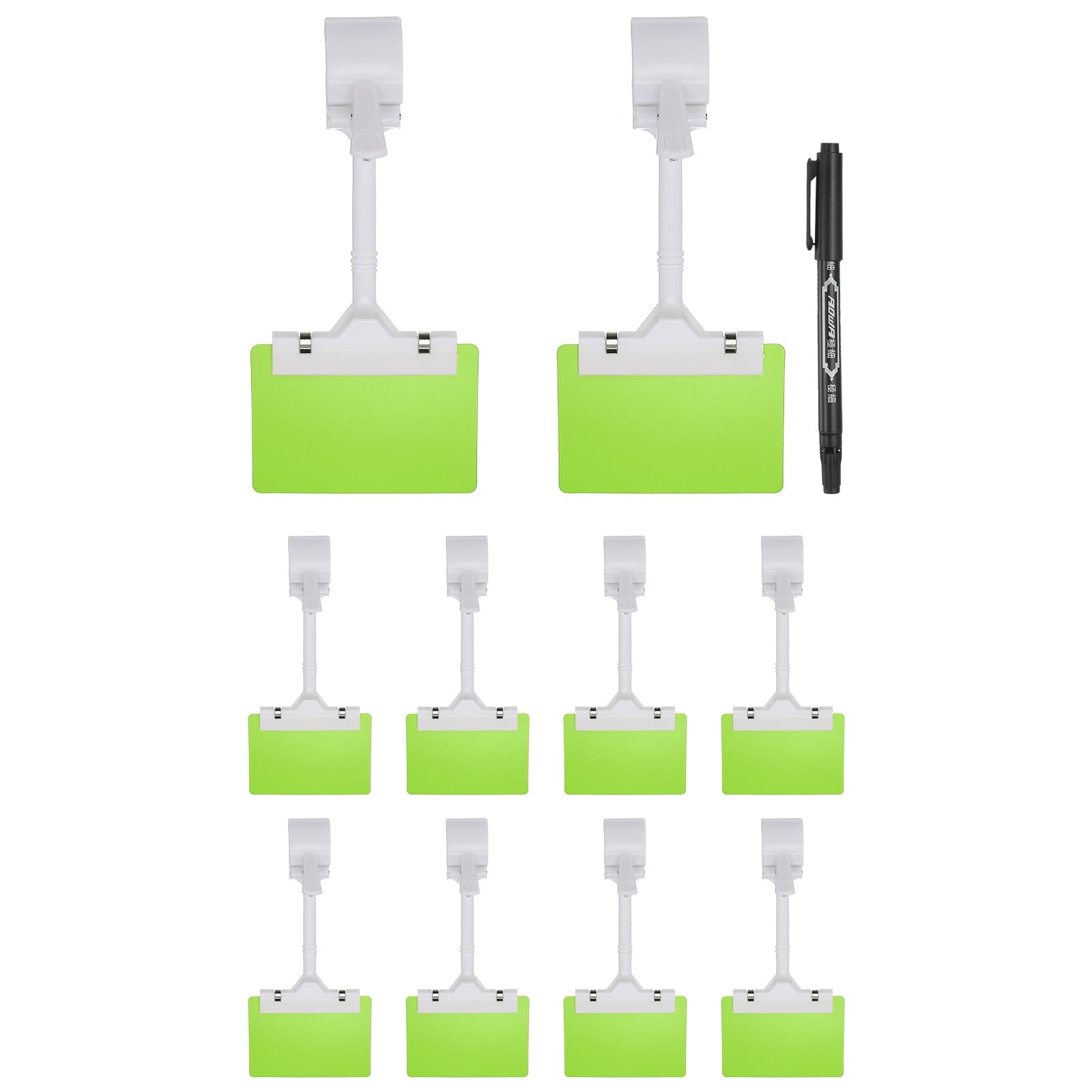 PATIKIL Sign Holder Clips, 10 Pcs Sign Holder Double Clip Adjustable Price Tag with Green A7 Plastic Cards & Erasable Marker for Supermarket Office Exhibition, White