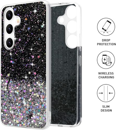 Image of VONZEE Glitter Case Compatible for Samsung M54 5G, Non Moving Glitter Stars Cover Soft TPU + Hard PC Bumper Bling Cover for Women Girls Protective Shockproof Phone Case (Black)