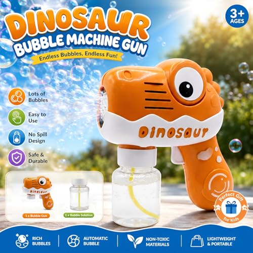 Image of WireScorts Cute Dino Bubble Gun Toys for 3+ Year Old Kids Boys Girls, Automatic Bubble Machine with Bubble Solution, Summer Outdoor Kids Toys for Birthday Gifts for 3 4 5 6 7 8 Year Old