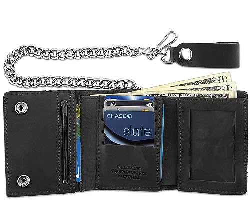 Rfid Blocking Men's Tri-Fold Vintage Biker Cowhide Top Grain Leather Steel Chain Wallet,Snap Closure, Made In Usa,Tc315-Solid Black #TOP3