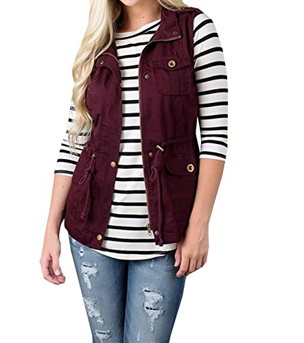 Women Sleeveless Lightweight Vest Jacket Plain Color Military Jacket Vest with One Shoulder Button & Drawstring & Pockets (3.Wine, L)
