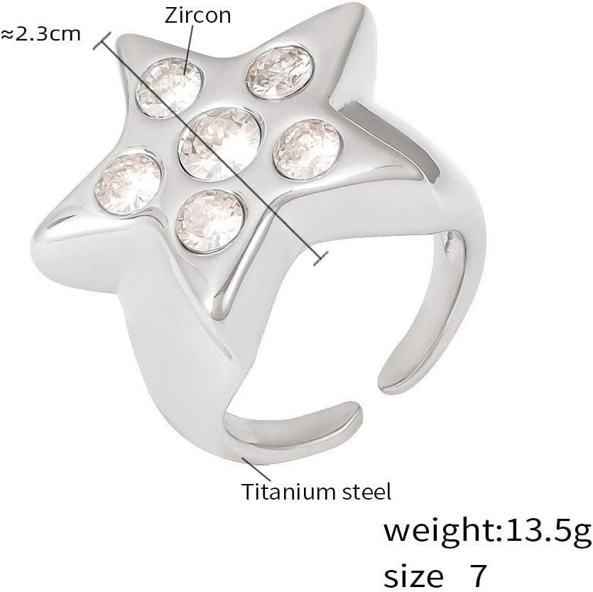 Y2K Rhinestone Large Star Open Band Statement Ring Punk Aesthetic for Women Men Stainless Steel Chunky Pentagram Gothic Grunge Stackable Finger Knuckle Rings Comfort Fit Fashion Jewelry Size 7