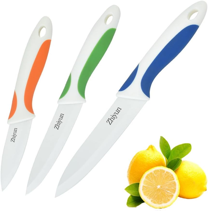 3 Pack Ceramic Knife set with Sheaths, 5-Inch Utility Knife, 4-Inch Fruit Knife, 3-Inch Peeling Knife, Zirconia Blade with Ergonomic Handle.Use for Meat Fruit Vegetable Bread and Butter.