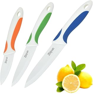 3 Pack Ceramic Knife set with Sheaths, 5-Inch Utility Knife, 4-Inch Fruit Knife, 3-Inch Peeling Knife, Zirconia Blade with Ergonomic Handle.Use for Meat Fruit Vegetable Bread and Butter.