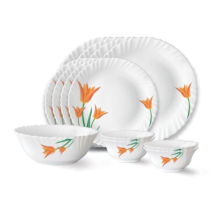 Larah by Borosil Firefly Fluted Series Opalware Dinner Set Of 4 Full Plate, 4 Quarter Plates, 4 Veg Bowls and 1 Serving Bowl | Bone-Ash Free Crockery Set for Dining Table (White, 13 Pieces)