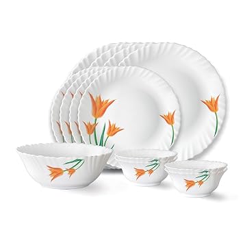 Larah by Borosil Firefly Fluted Series Opalware Dinner Set Of 4 Full Plate, 4 Quarter Plates, 4 Veg Bowls and 1 Serving Bowl | Bone-Ash Free Crockery Set for Dining Table (White, 13 Pieces)