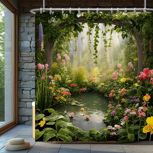 Ttincceer Cortina de Ducha 180x200cm con diseño de Bosque Encantado fantasía Primavera Naturaleza país de Las Maravillas Flores de Cuento de Hadas Lavable para baño Infantil