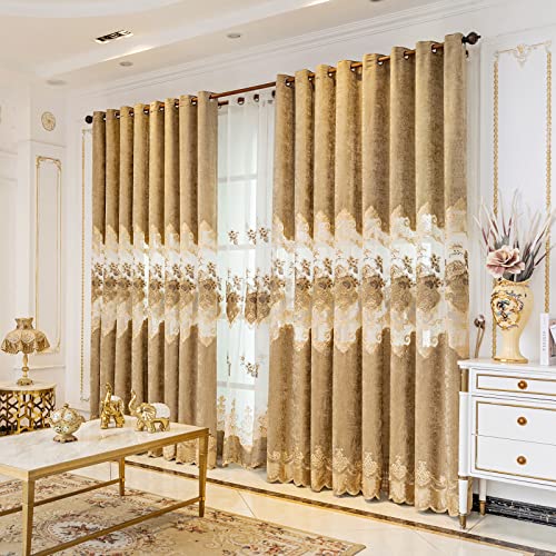 Elkca European Style Luxury Embroidered Chenille Curtain For Living Room,Grommet Top,2 Panels (52" W X 84" L| 2 Panels, Curtain-Coffee) #TOP1