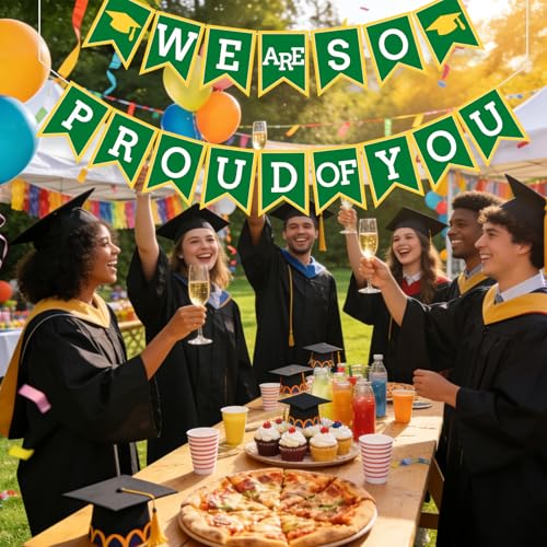 Image of Green Yellow We Are So Proud Of You Banner Congrats Grad Cap Bunting Flag Grad Party Decoration Idea