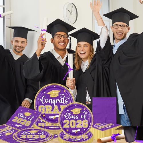 200Pcs Graduation Plates and Napkins - Congrats Grad Class of 2026 Themed Tableware Set Serves 50,Purple Graduation Decorations 2026 by CMUSKO - Used condition - Image 2