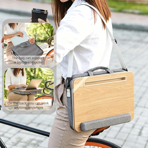 Image of Portable Lap Desk 14-17 Inch Laptops, Storage Bag | Light wood-toned finish, padded cushion, straps & storage for home car travel
