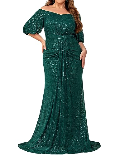 Image of Madam Uniq Women Plus Size Short Sleeve Sequin 1920s Dress Off Shoulder Maxi Formal Cocktail Wedding Party Evening Gown
