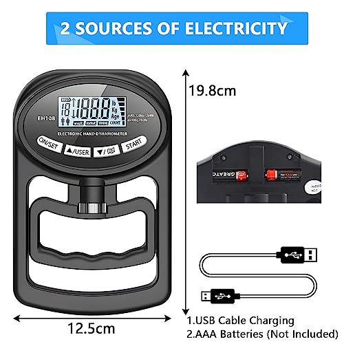 Digitaler Handkraftmessgerät 264lb/120Kg Elektronische Griffkraft Messgerät Großer LED-Bildschirm Hand Dynamometer mit USB-Ladekabel, Intelligent und einfühlsam (Schwarz)