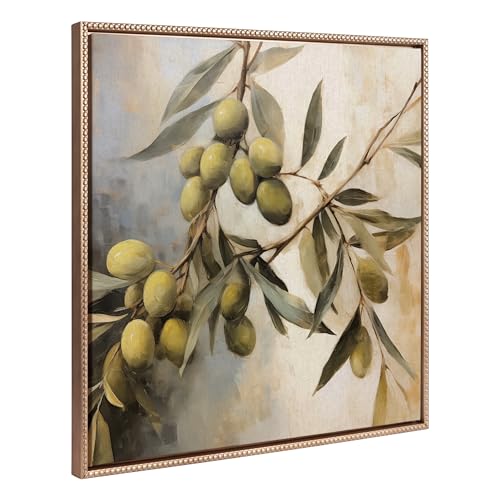 Kate and Laurel Sylvie Beaded Olive Tree Vintage Framed Canvas Wall Art by The Creative Bunch Studio; 30x30 Gold; Natural Olive Branches Art for Wall