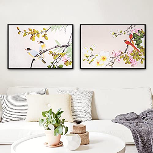 Peinture chinoise traditionnelle d'oiseaux sur arbre pour déco salon zen 40x60cm