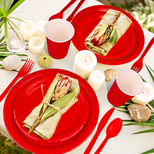 Twowyhi 228Pcs Red Party Supplies Set Include Paper Plates Cups Red Napkins Plastic Spoons Forks Knives Severs 30 Guests Disposable Party Dinnerware For Birthday Wedding Party Family Picnic #TOP5