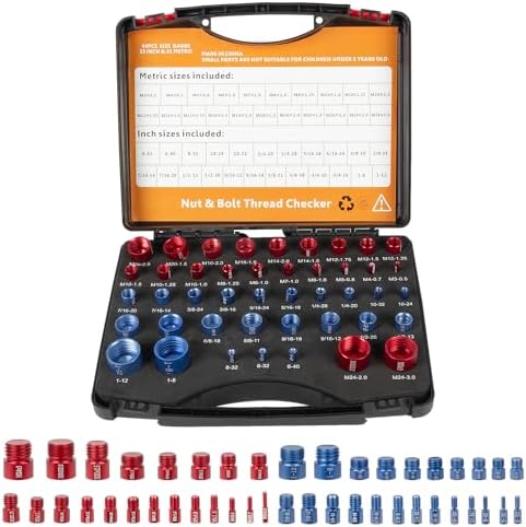 RANSOTO Nut and Bolt Thread Checker Box, Practical Thread Gauge Box, Standard and Metric Bolt and Nut Identifier Gauge Box with Male & Female Gauges-44 (Blue & Red)
