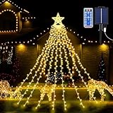 【USB充電可能】ソーラー イルミネーションライト LED ストリングライト 屋外 防水 ドレープライト 9本 3.5M 350LED クリスマスツリーライト 星モチーフ 高輝度 アウトドア IP65防水 ガーランドライト リモコン付き クリスマス飾り フェアリーライト タイマー機能 8点灯モード 夜間自動点灯 ハロウィン パーティー キャップ 電飾LED（ウォームホワイト）